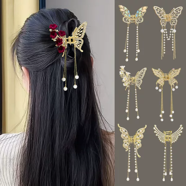 Metal Butterfly Hairpin Women's High-end Elegant Half-tied Hair Tassel Pendant Hair Accessories 2025 New Back-of-the-Head Grab Clip