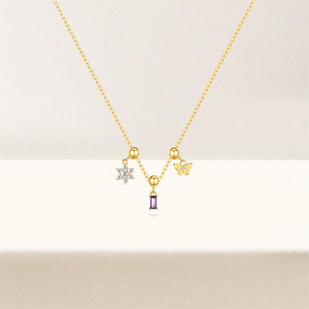 Women's Gender 925 Sterling Silver Zircon Cable Chain Plating Butterfly Multi Charms Necklace