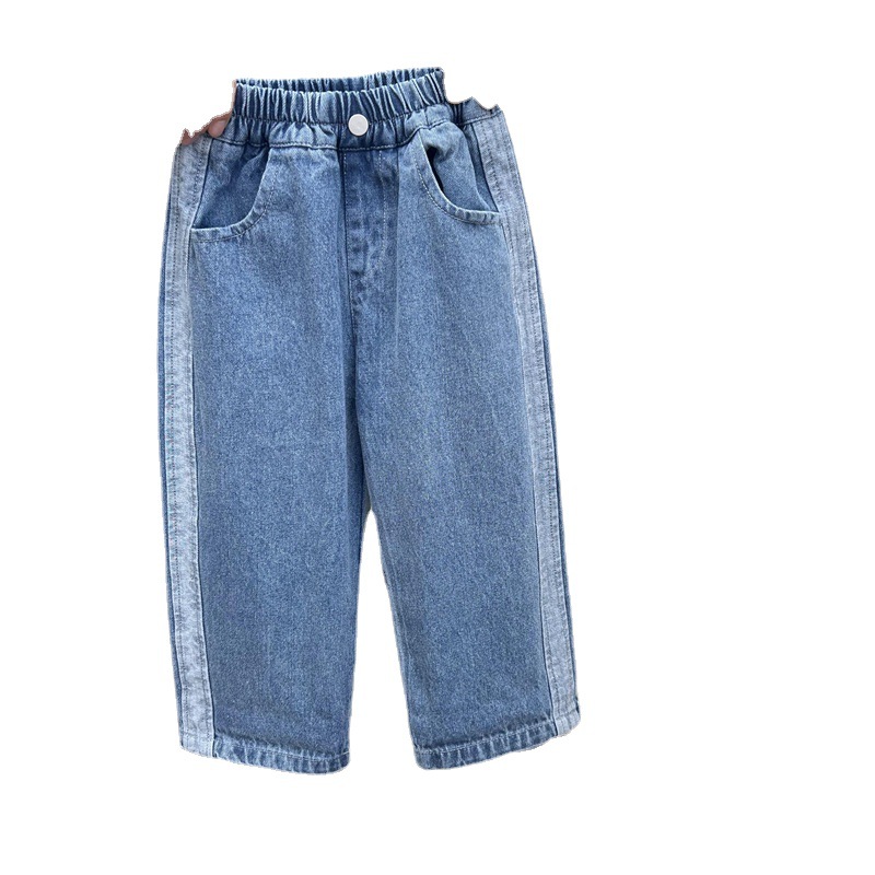 Korean autumn clothing children's side contrasting color jeans 2024 Boys and Girls minimalist straight leg casual pants_voghion.com