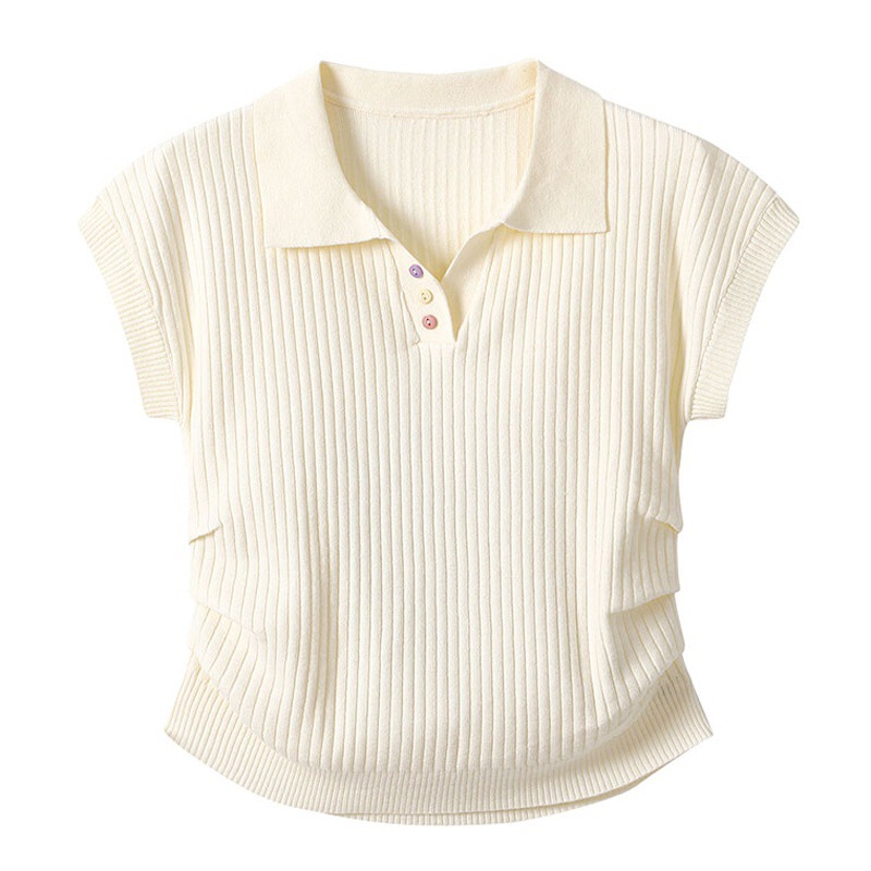 2025 New Summer Style Waist-Cinching Pleated Polo Collar Short-Sleeved T-Shirt for Women Petite Knitted Short Pit Top