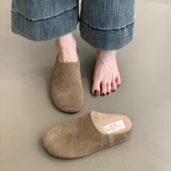 牛革版! 厚い底の布のスリッパの女性の春秋の新型の森系の復古の坂と包頭の半分は靴を引っ張ります。