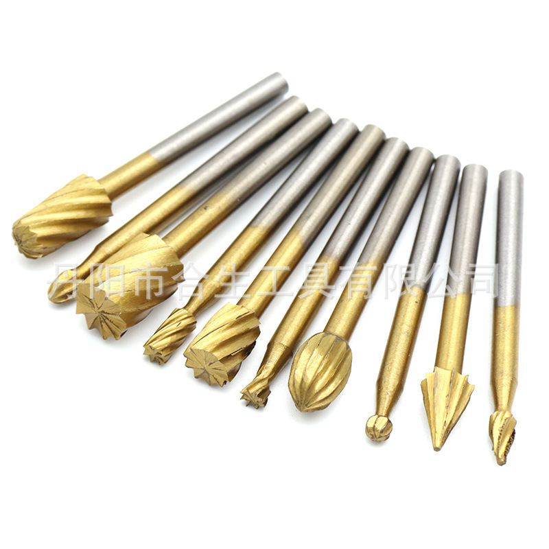 Transfronterizo de 10 piezas de acero de alta velocidad archivo rotativo carpintería hecha a mano DIY raíz talla eléctrica molienda cabeza talla fresa cortador