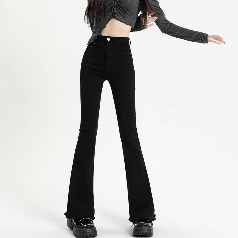 Meituan オンライン スーパーマーケットの女性用ブルーのローエッジ ブーツカット ジーンズ、夏用ハイウエスト痩身梨型ボディ パンツ|undefined