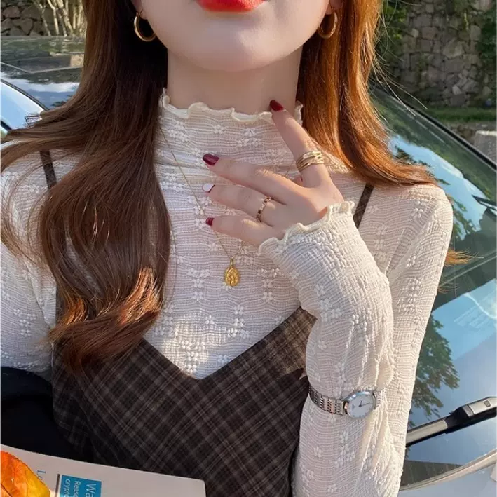 秋冬蕾丝打底衫女内搭高级感2024年新款半高领木耳边小衫薄款上衣