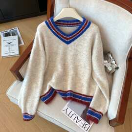 实拍港风气质V领显瘦毛衣女秋冬季新款宽松舒适百搭外穿拼色针织