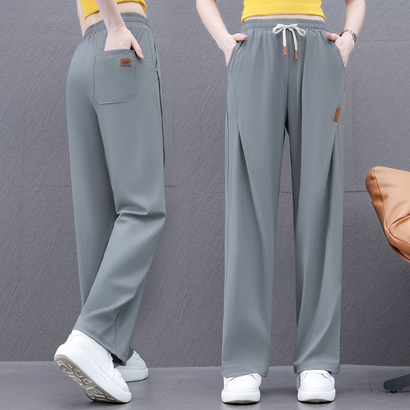 Ice Silk Quick-Dry Elastic Drawstring High-Waisted Straight-Leg Casual Pants for Women, Summer Thin Wide-Leg Long Sports Sweatpants