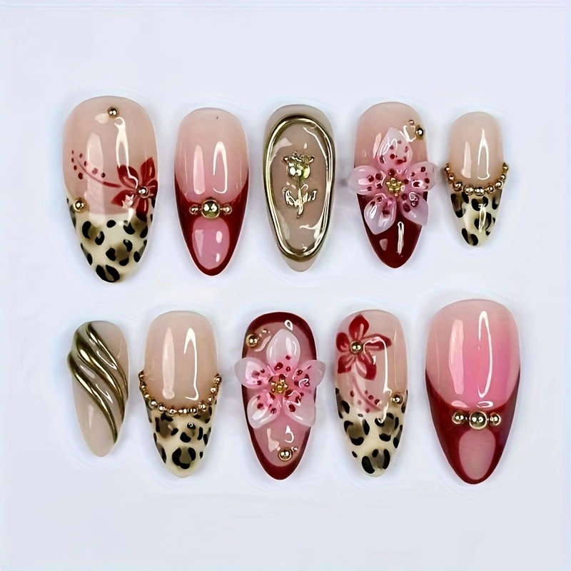 Handmade press-on nails, medium-long almond shape, burgundy leopard print, 3D three-dimensional cherry blossom nail art, metal accessories, vintage style Handmade press-on nails, medium-long almond shape, burgundy leopard print, 3D three-dimensional cherry blossom nail art, metal accessories, vintage style