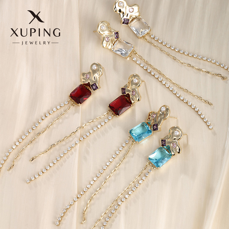 Joyería Xuping aleación de cobre galvanizado 14K oro largo pendientes de borda de moda colorida pendientes de gemas artificiales para mujeres