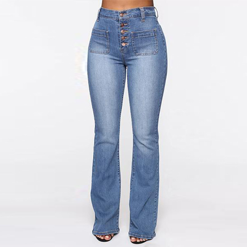 Women's Jeans With Button Up Patch Pockets Washed Denim Trousers_voghion.com