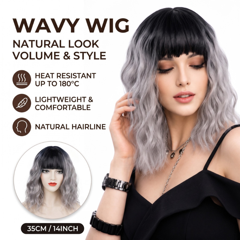 Cross-border European and American wigs, women's wavy curly bob wigs with bangs, suitable for everyday wear and parties, full head wigs, wholesale
