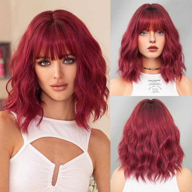 Cross-Border Burgundy 12inch Short Curly Wig for Women with Bangs, Ocean Wave Bob Style, Synthetic Fiber Full Wig Cross-Border Burgundy 12inch Short Curly Wig for Women with Bangs, Ocean Wave Bob Style, Synthetic Fiber Full Wig