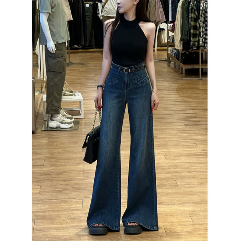 复古色阔腿牛仔裤女2025秋新高腰弹力宽松垂感小个子喇叭拖地长裤|undefined