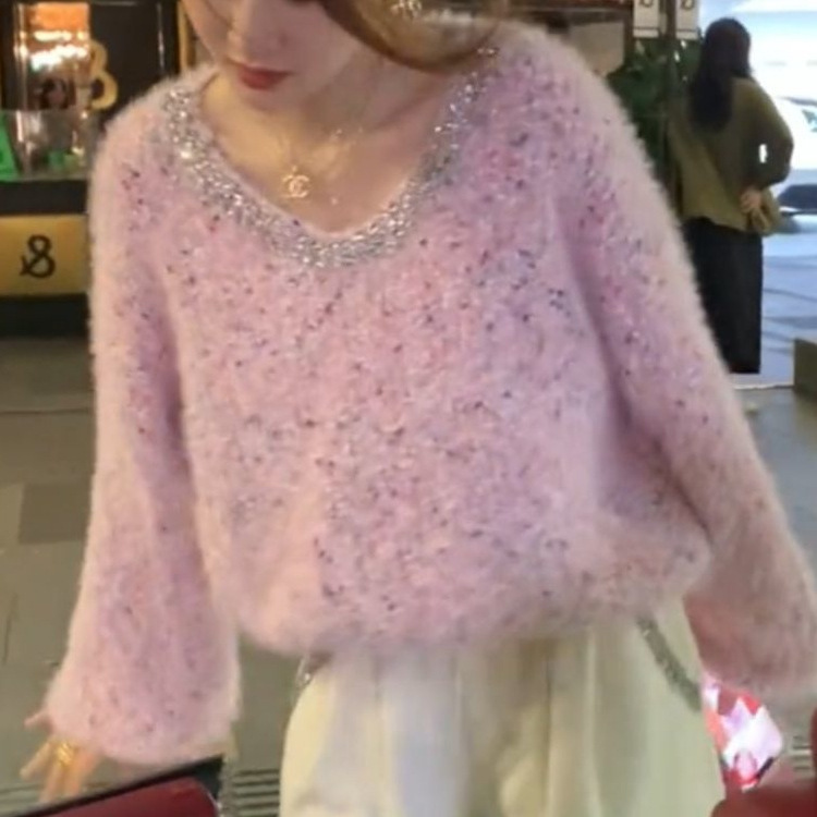 韩版钉珠彩色波点拼接软糯毛衣女秋冬新款慵懒风时尚气质长袖上衣|undefined