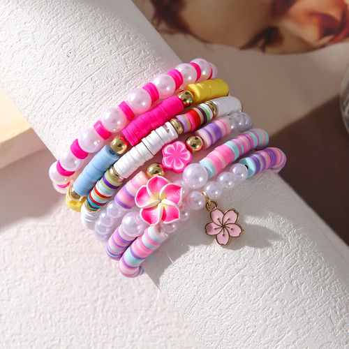 Academic-style colorful air-dry clay flower seashell bracelet set, sweet and cute ocean elements pearl elastic bracelet for women