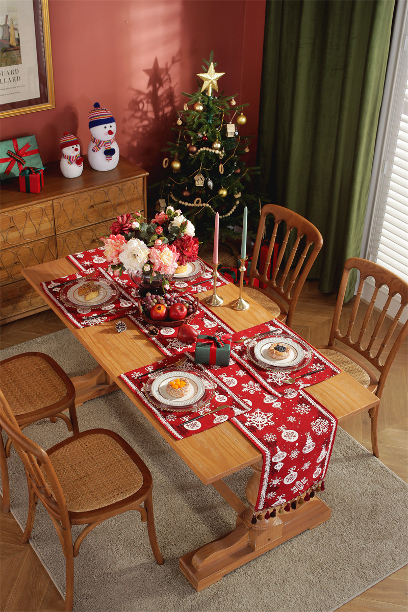 Drapeau de table de noël en jacquard teint en fil, flocon de neige, chapeau de noël, nappe à pampilles, décoration, couverture de drapeau de chevet_voghion.com