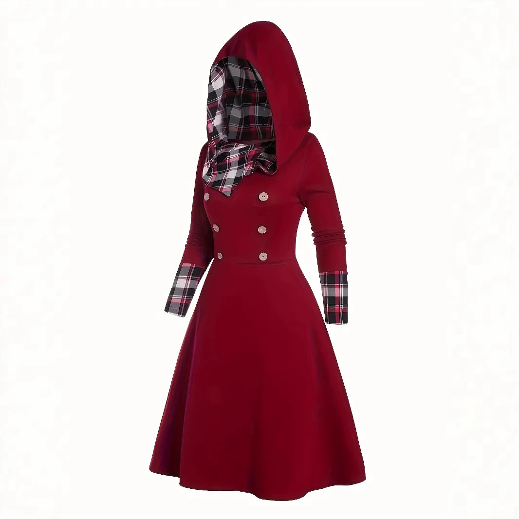 2024 трансграничное европейское и американское осеннее новое платье в клетку с шапкой с высоким воротником