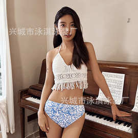 波西米亚流苏针织大小胸纯欲高级小香风双肩吊带分体游泳衣女泳装
