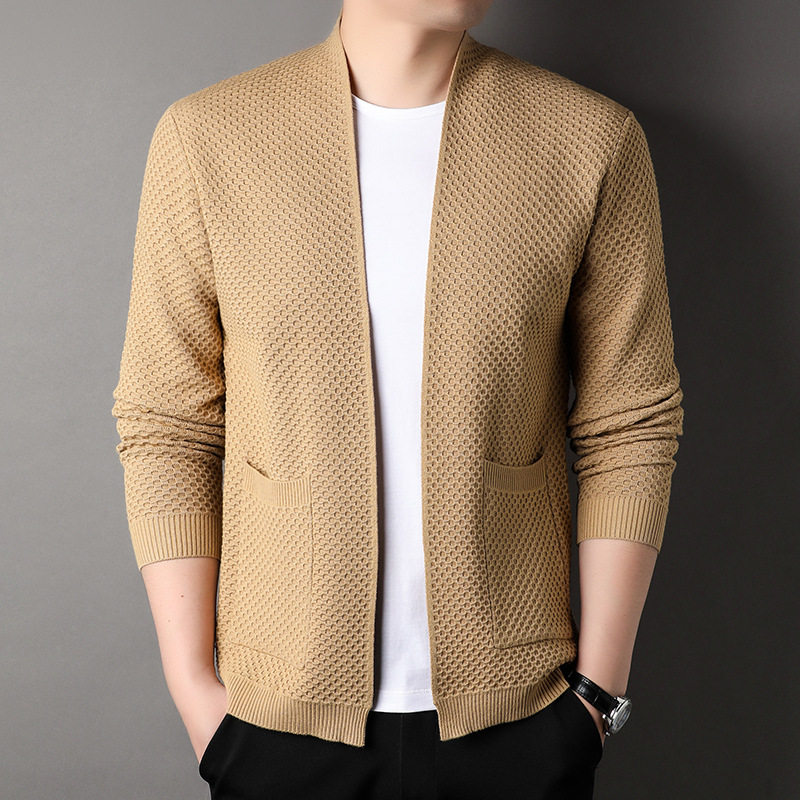 Knitted Cardigan Sweater for Men, Spring and Autumn Thin Outerwear, Casual Men's Fashion Hollow-Out Jacket Top for Middle-Aged
