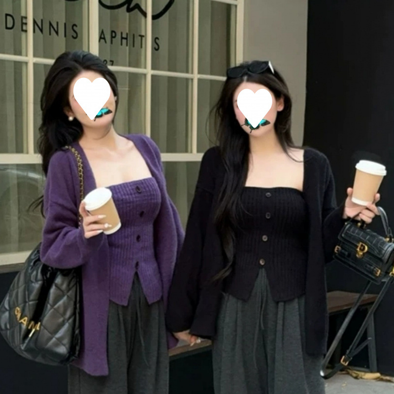 Temperamento coreano chaleco de punto Cardigan mujeres otoño invierno moda alta suéter de adelgazamiento de dos piezas