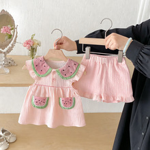 夏季西瓜印花女童纯棉套装娃娃领衬衣短裤两件套婴幼儿轻薄居家服