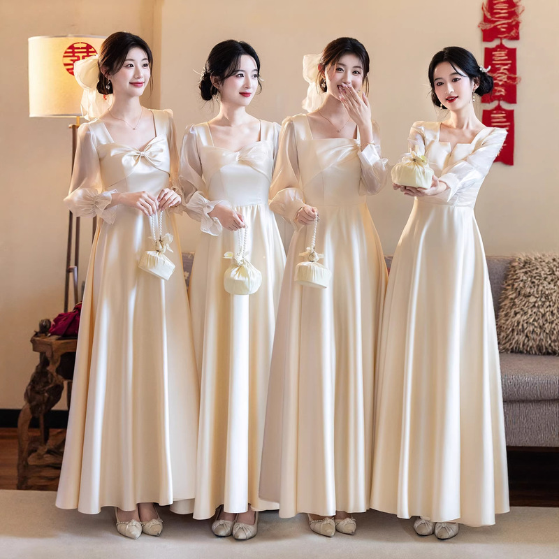 Satin Bridesmaid Dress 2026 New Champagne Color Spring High-End Niche Long-Sleeve Sister Group Dress for Women Daily Wear
