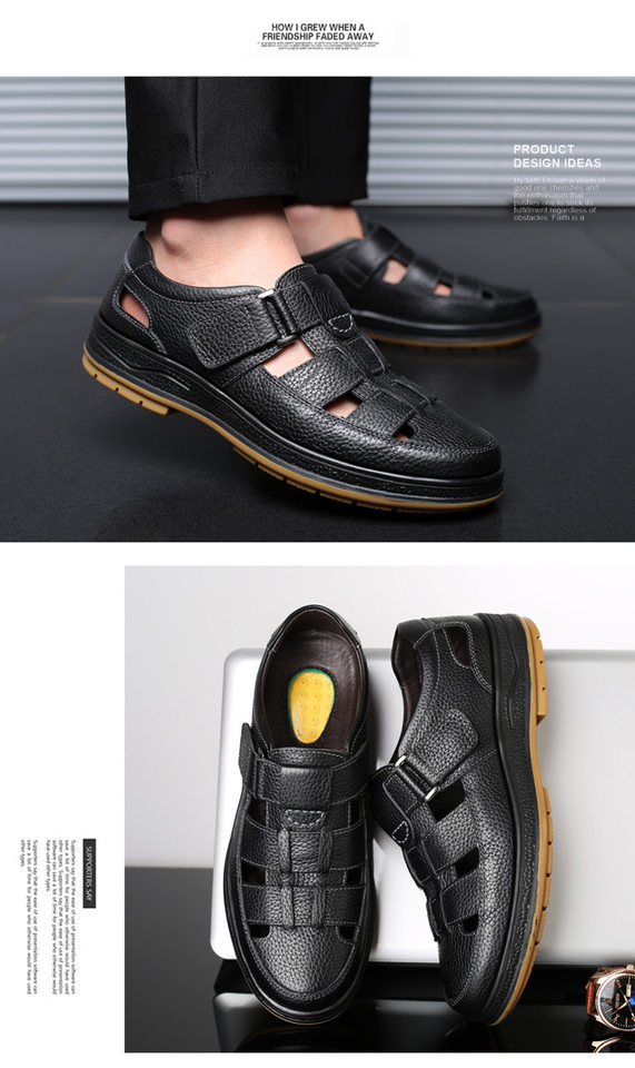 Dép sandal nam da thật đục lỗ thoáng khí chống trượt — Màu nâu, Màu đen chi tiết 24
