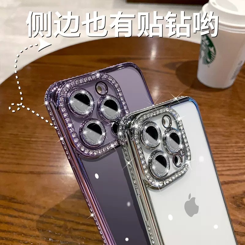 iPhone17 ラインストーン携帯電話ケース、グリッターレンズフィルム、Apple 16proMax 透明落下防止 15 保護カバーに適しています。|undefined