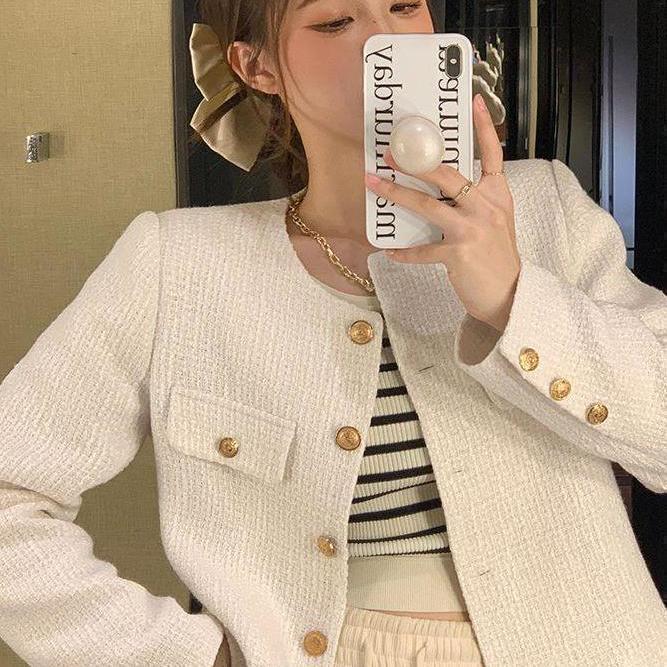 小香风短款外套女2025春秋新款高级感圆领小个子法式粗花呢上衣女|undefined