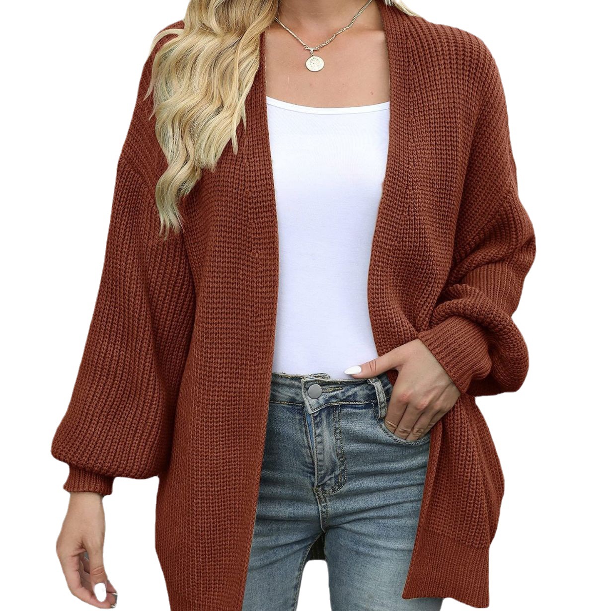 2023 Otoño e Invierno Amazon comercio exterior de las mujeres manga larga linterna manga color sólido flojo punto cardigan grueso aguja suéter para las mujeres