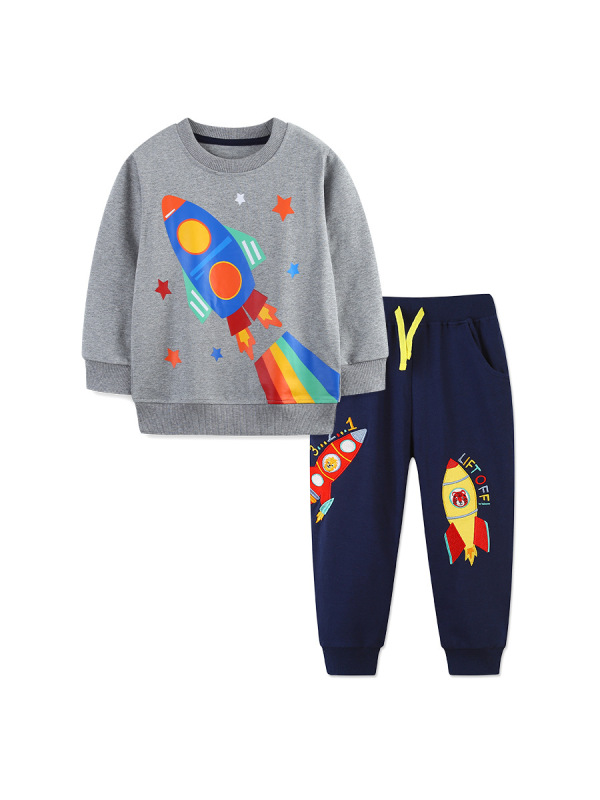 工場直接販売男の子長袖スーツファッションロケットプリントラウンドネックプルオーバーファッション刺繍子供スウェットパンツ|undefined