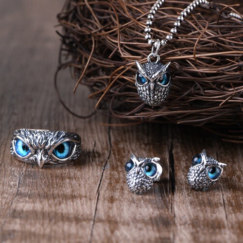 Golden Deer King S925 Silver Retro Earrings Pendants Jewelry Rings Wholesale Cross-border Men and Women Design Owl Rings