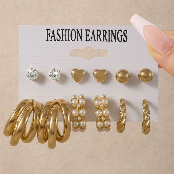6 pairs—wide pearls—gold