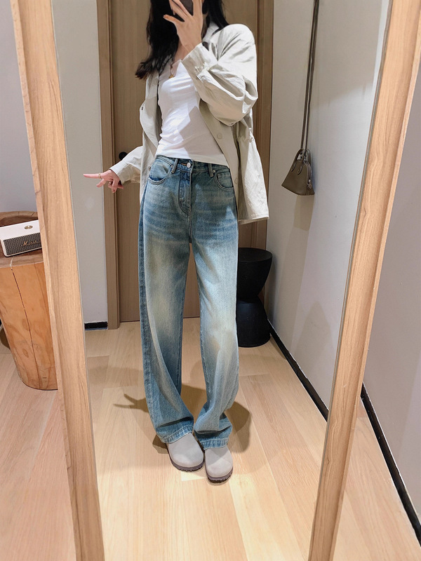 春不晚 私服蓝牛！早秋复古石洗手工猫须直筒裤微锥十分牛仔裤女|undefined