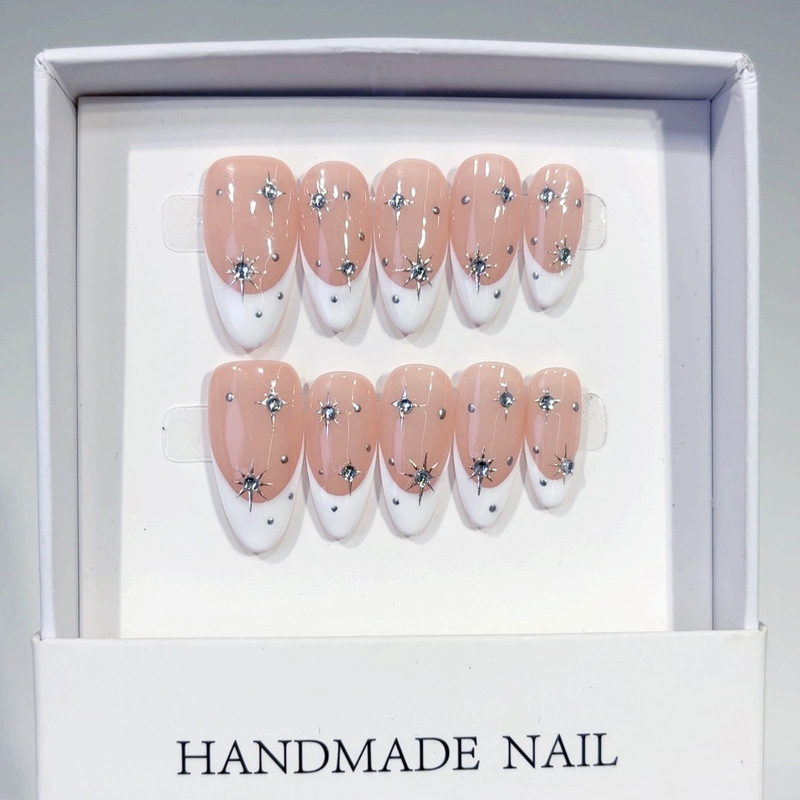 European and American Hot-Selling French-Style Star-Shaped Rhinestone Almond-Shaped Nail Art with a High-End Feel, Handmade Wearable Nail Tips, Wholesale Finished Products