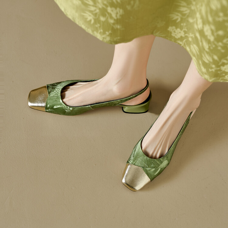 Sandal bít mũi nữ da bò phối màu gót thô 5 cm — Màu xanh lá, Màu mơ chi tiết 18
