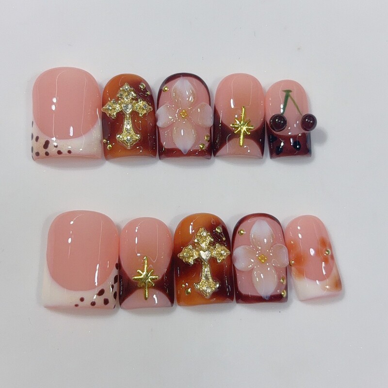 Cross-border best-selling caramel brown French-style gold cross Y2K retro cherry gold star short nail art stickers Cross-border best-selling caramel brown French-style gold cross Y2K retro cherry gold star short nail art stickers