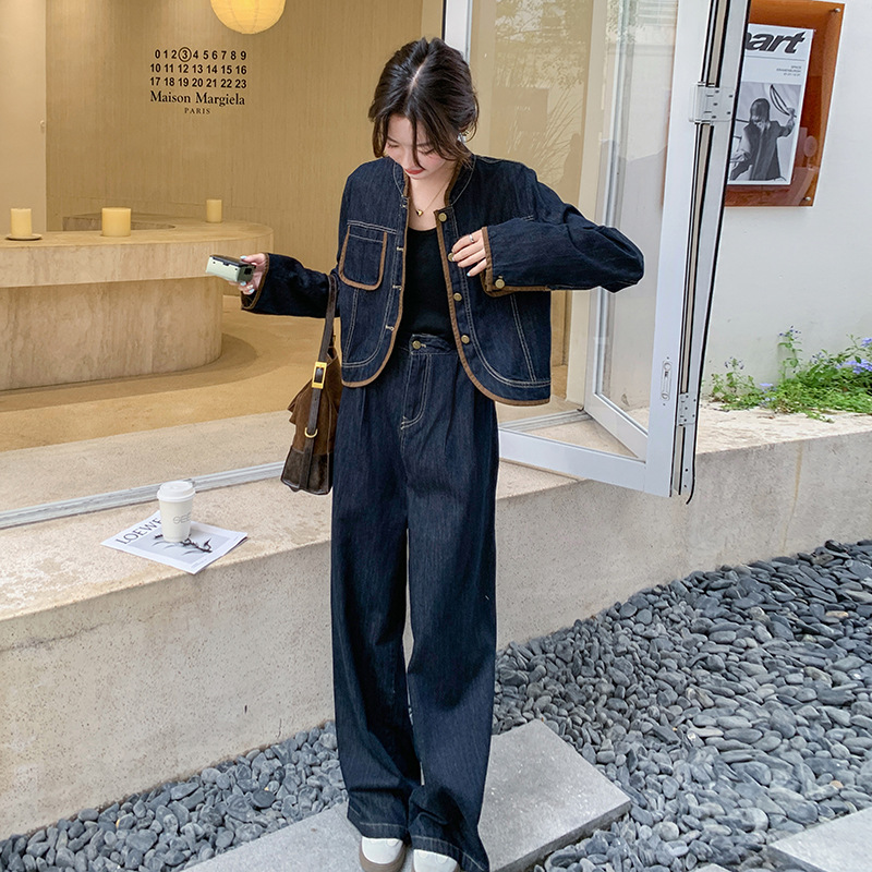 实拍甜美减龄蓝色牛仔上衣套装女春秋2025新款又a又飒显瘦两件套|undefined