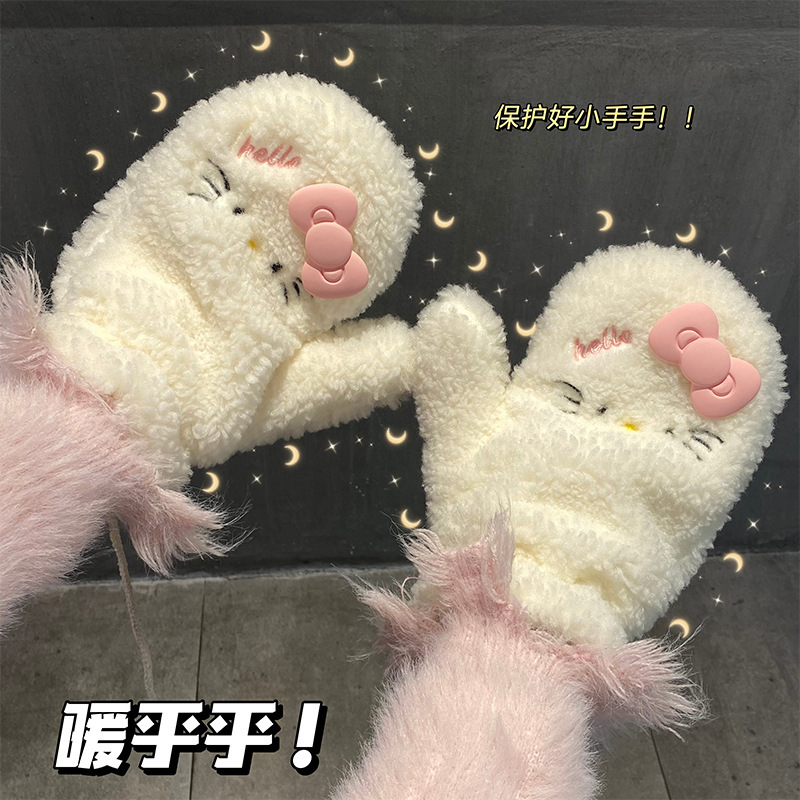 可爱卡通刺绣毛绒手套女冬季加绒加厚保暖全包户外骑行挂脖手套