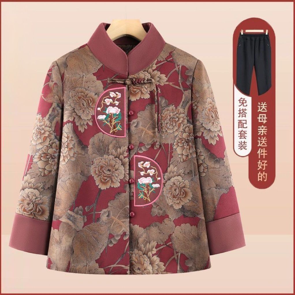 Xd老年人春季妈妈外套新中式上衣奶奶衣服套装秋冬加绒加厚外套唐