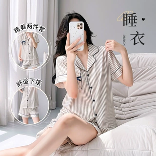 条纹蝴蝶结仿真丝女士睡衣翻领短袖短裤两件套夏季家居服批发服装