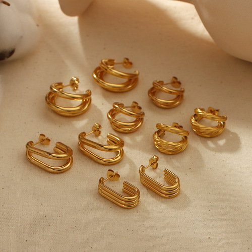 European and American INS style Internet celebrity titanium steel earrings 18k gold double line three line C-shaped earrings light luxury high-end earrings earrings