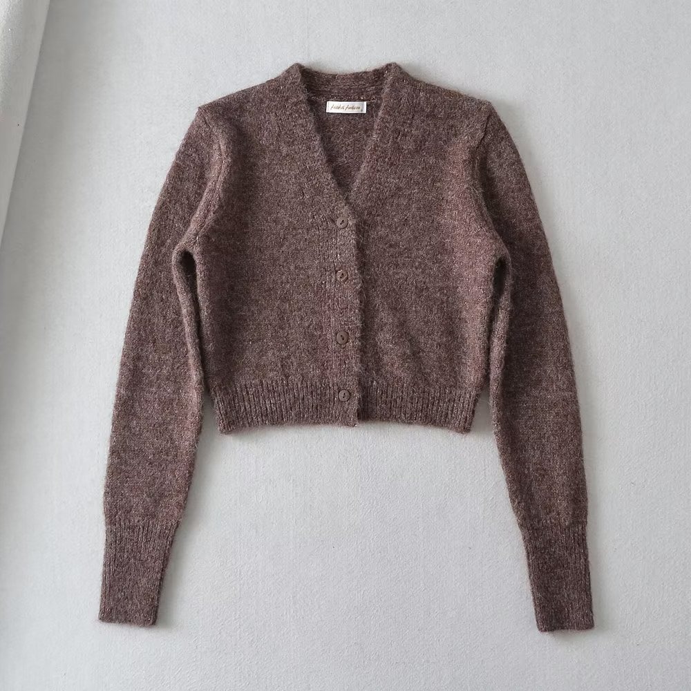 solid color Single-breasted V-neck slim long-sleeved knitted cardigan NSXDX139168