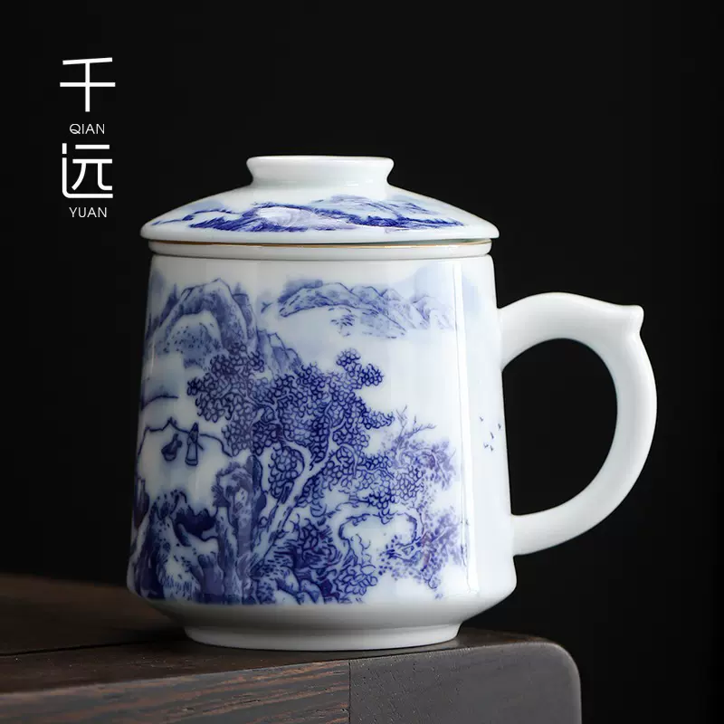 景德镇手绘青花办公杯茶水分离陶瓷茶杯会议杯马克杯带盖过滤内胆