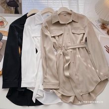 长袖衬衫女气质显瘦中长款2025年冬季新款韩版小众设计感系带上衣