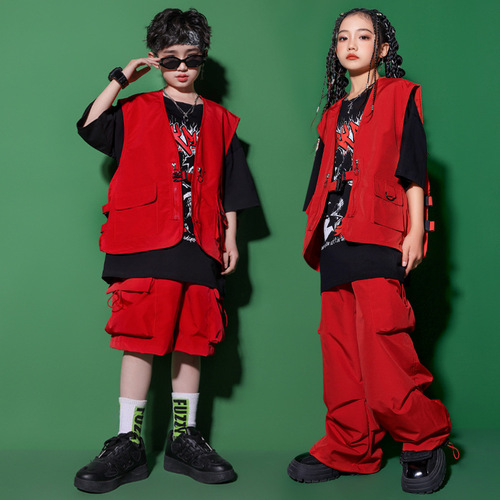 Street hiphop dance Costume for girls boys red cargo pants vest rapper singers  stage performance outfits children stage model show party uniforms for kids