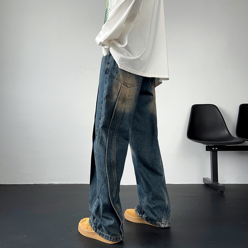 Vintage Black Gradient Denim Jeans for Men - Spring and Autumn Streetwear, Washed and Distressed, Loose Straight Leg Pants, Niche Pants