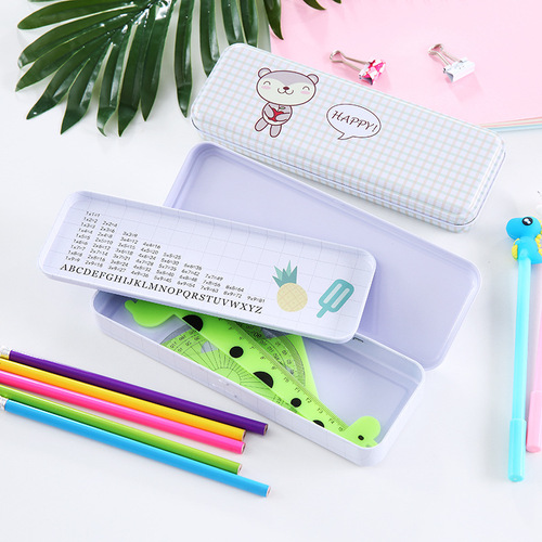 Double-layer cartoon stationery box for primary school, cute for boys and girls, pencil case with large capacity, metal box with single pen bag