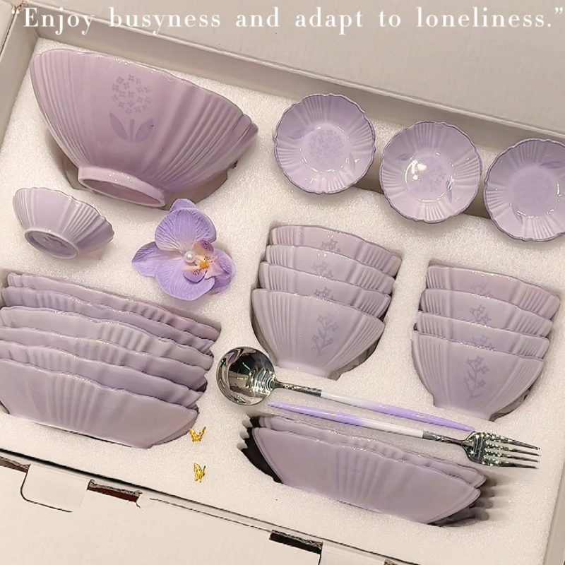 Korean-Style Fresh and Simple Purple 2026 New Bowl and Plate Set, High-Value Ceramic Light Luxury Bowl, Plate, and Chopsticks Tableware for Gift-Giving