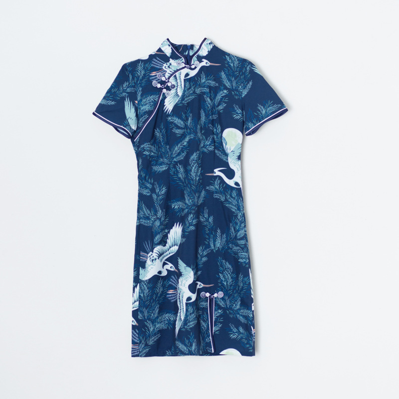 특별한 커플 원피스 여름 셔츠 수직 칼라 인기 중국식 크레인 셔츠 반팔 청삼 원피스