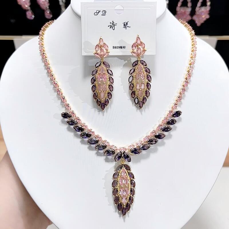 New Fashion Trendy Zircon Luxury Necklace and Earring Set, Colorful Leaf and Wheat Ear Design, High-End Craftsmanship Necklace